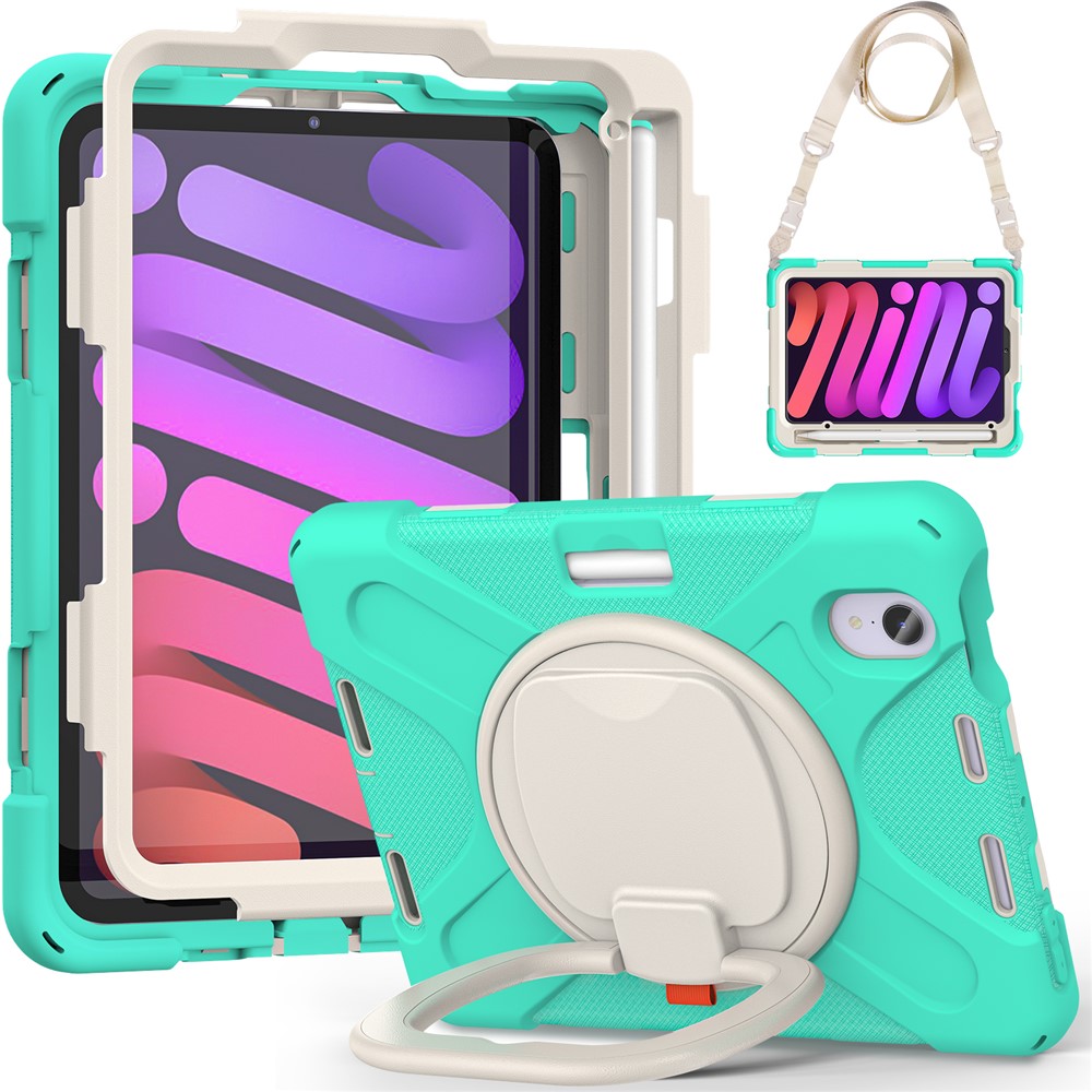 PC+Silicone Hybrid Case Tablet Cover Case with 360 Degree Swivel Kickstand Hand Band + Shoulder Strap for iPad mini (2021) - Mint Green-3