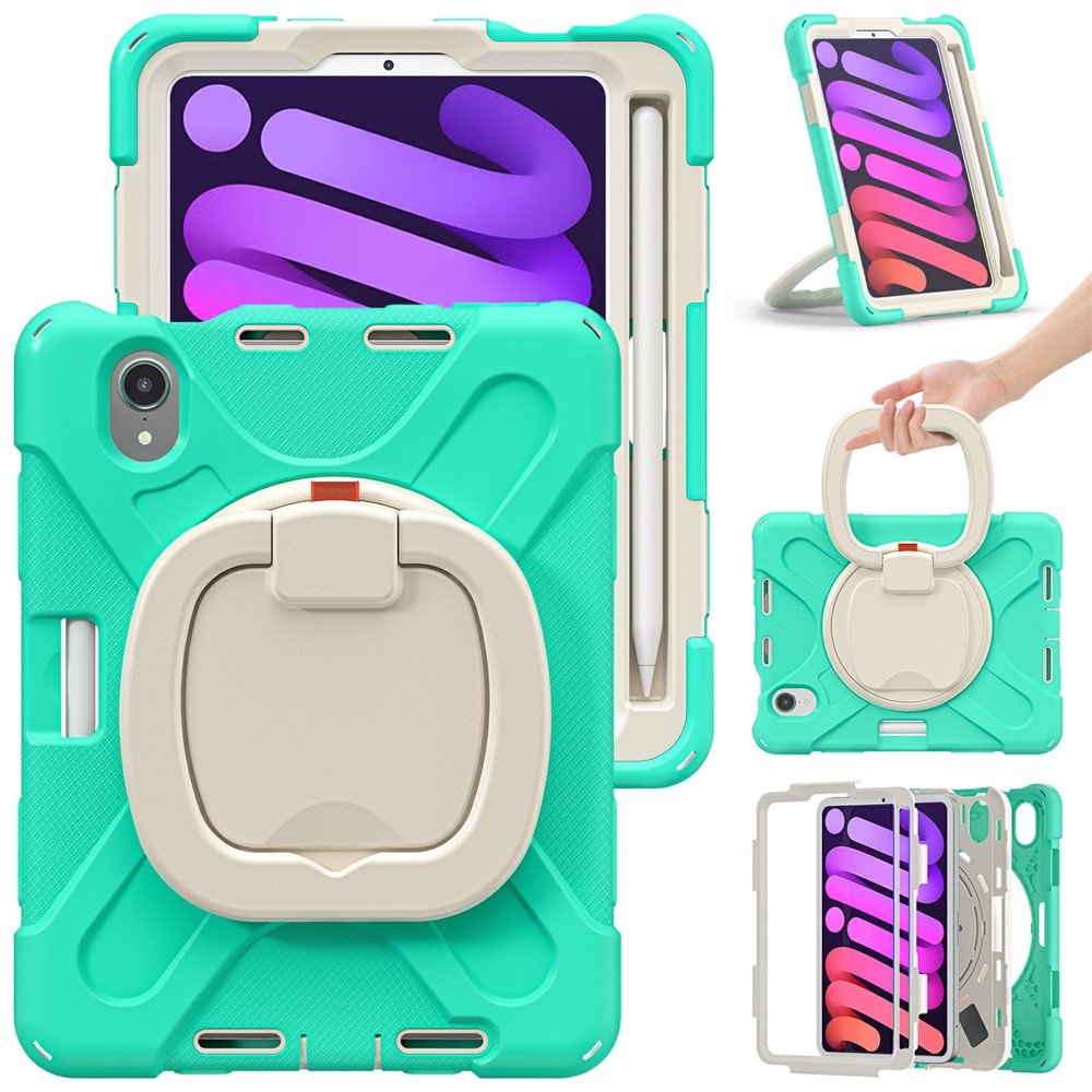 PC + Silicone Hybrid Tablet Case 360° Swivel Hand Grip Kickstand Shell Cover Protector for iPad mini (2021) - Mint Green-1