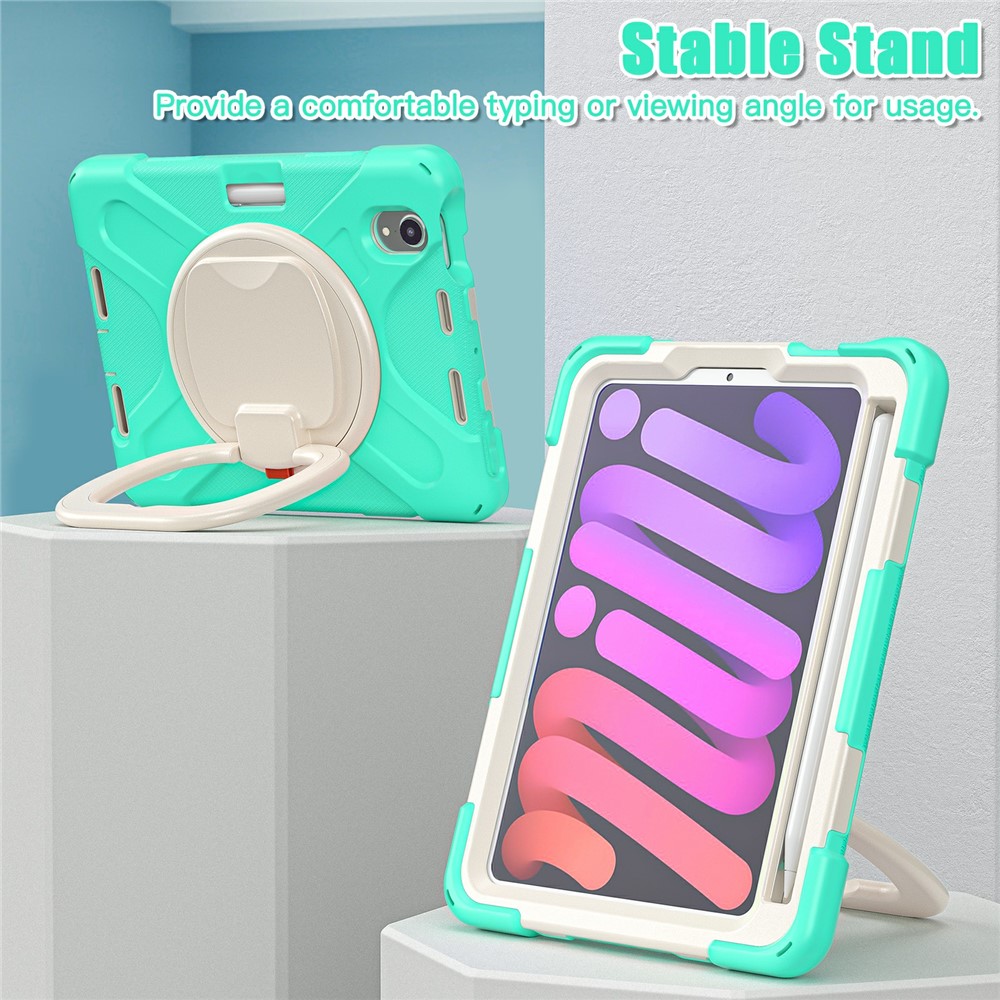 PC + Silicone Hybrid Tablet Case 360° Swivel Hand Grip Kickstand Shell Cover Protector for iPad mini (2021) - Mint Green-2