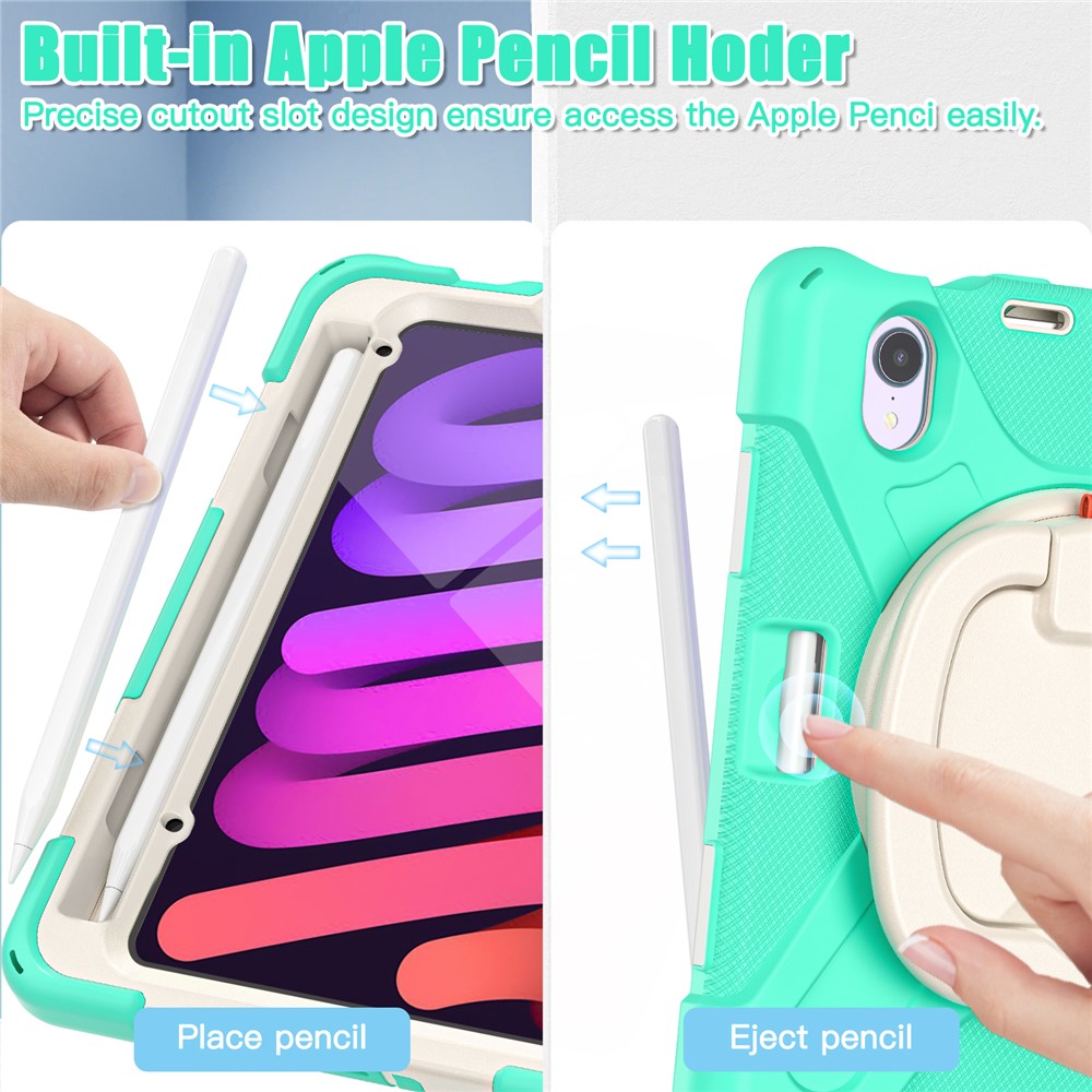 PC + Silicone Hybrid Tablet Case 360° Swivel Hand Grip Kickstand Shell Cover Protector for iPad mini (2021) - Mint Green-3