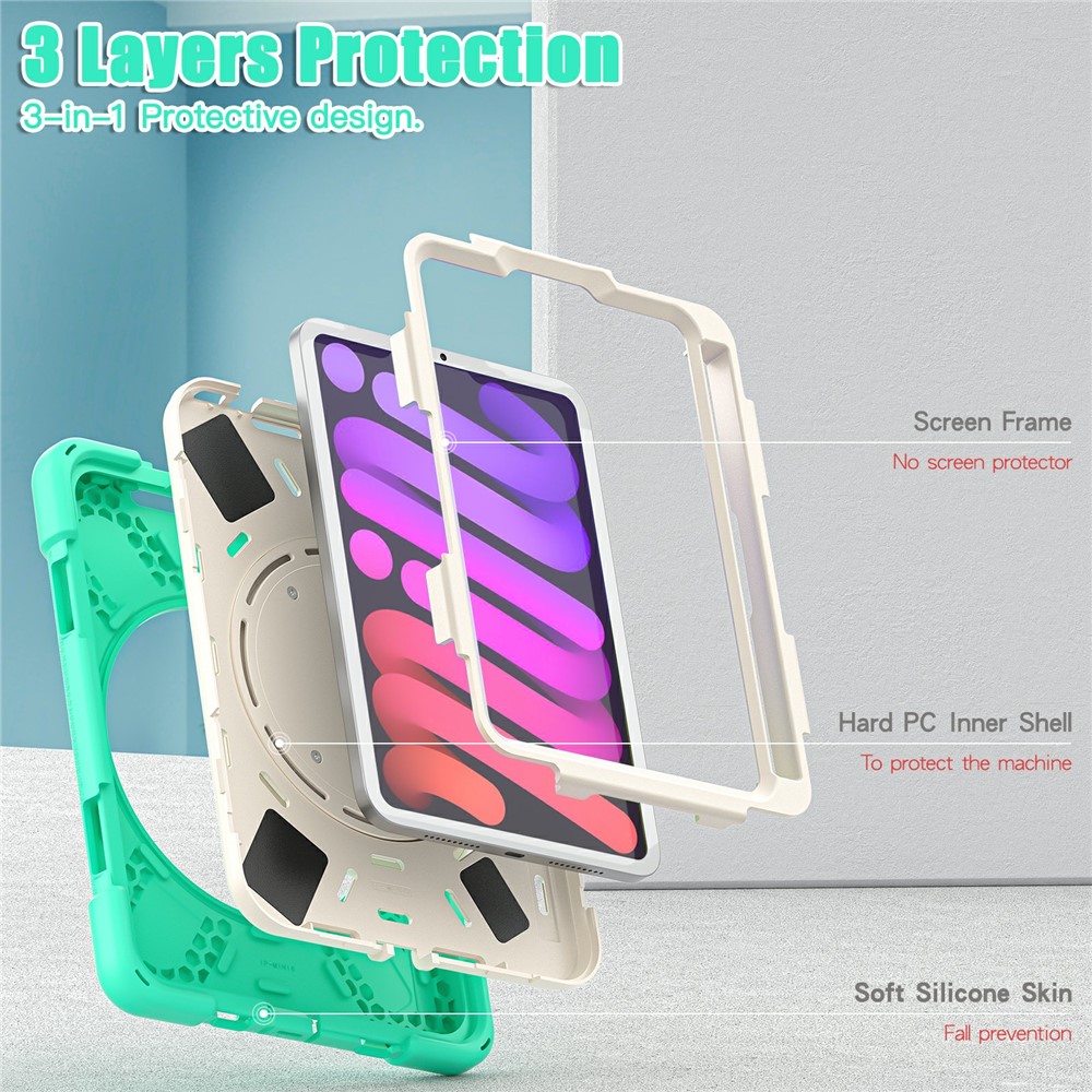 PC + Silicone Hybrid Tablet Case 360° Swivel Hand Grip Kickstand Shell Cover Protector for iPad mini (2021) - Mint Green-6