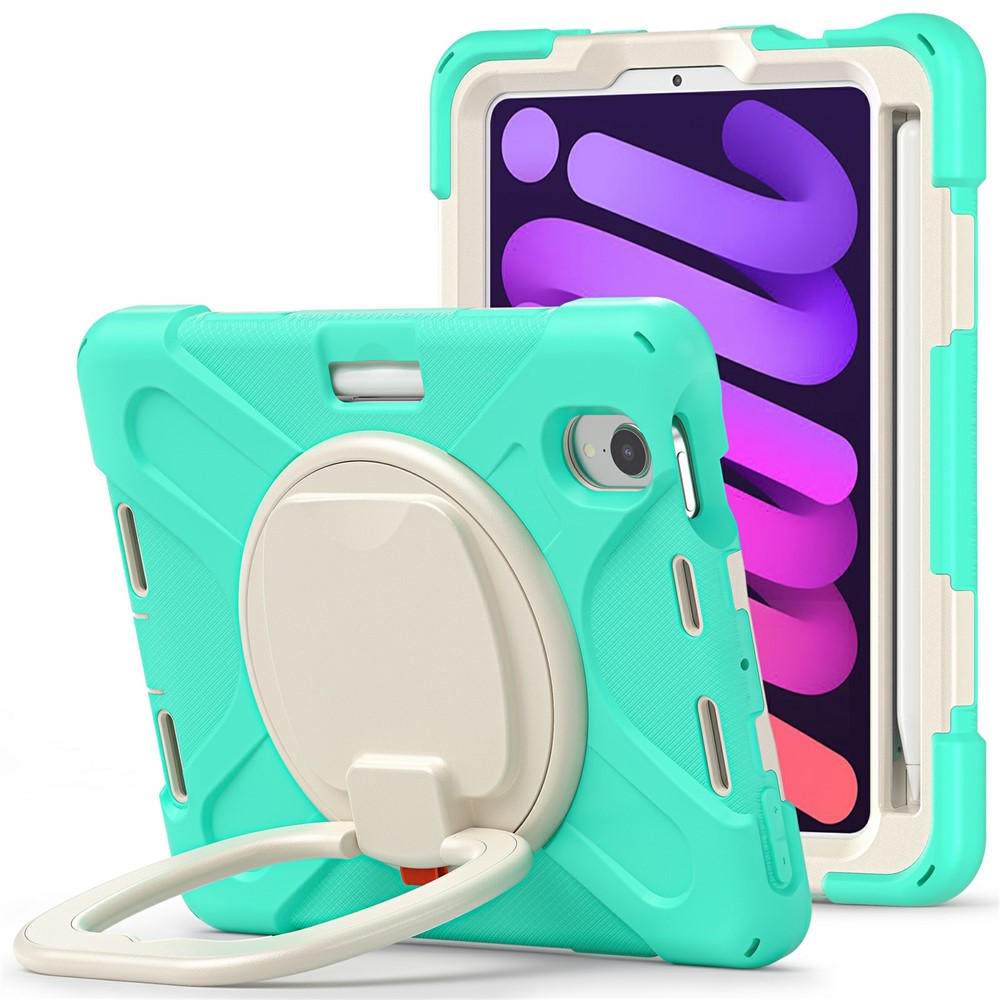 PC + Silicone Hybrid Tablet Case 360° Swivel Hand Grip Kickstand Shell Cover Protector for iPad mini (2021) - Mint Green-8