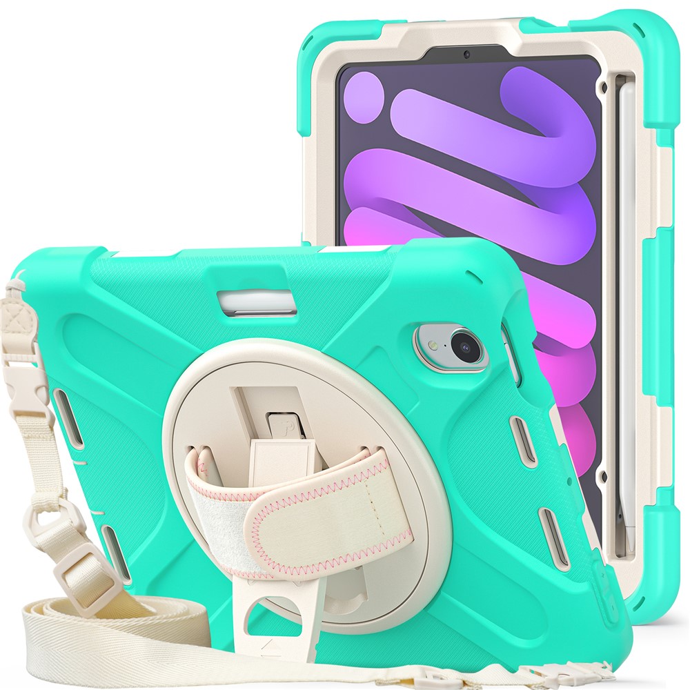Hand Band Design Hybrid Tablet Cover 360° Swivel Kickstand Case with Shoulder Strap for iPad mini (2021) - Mint Green-1
