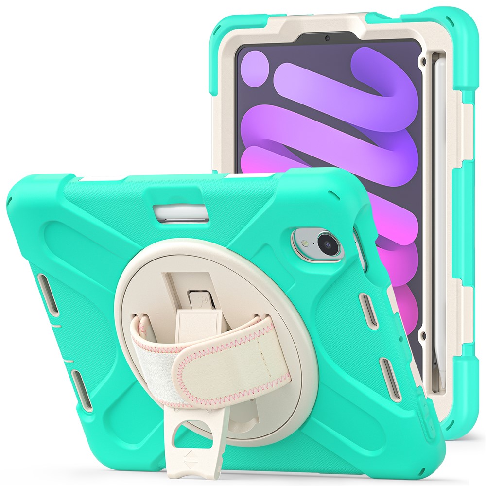 PC + Silicone Hybrid Case Cover Shell with Hand Band 360° Swiveling Kickstand for iPad mini (2021) - Mint Green-1