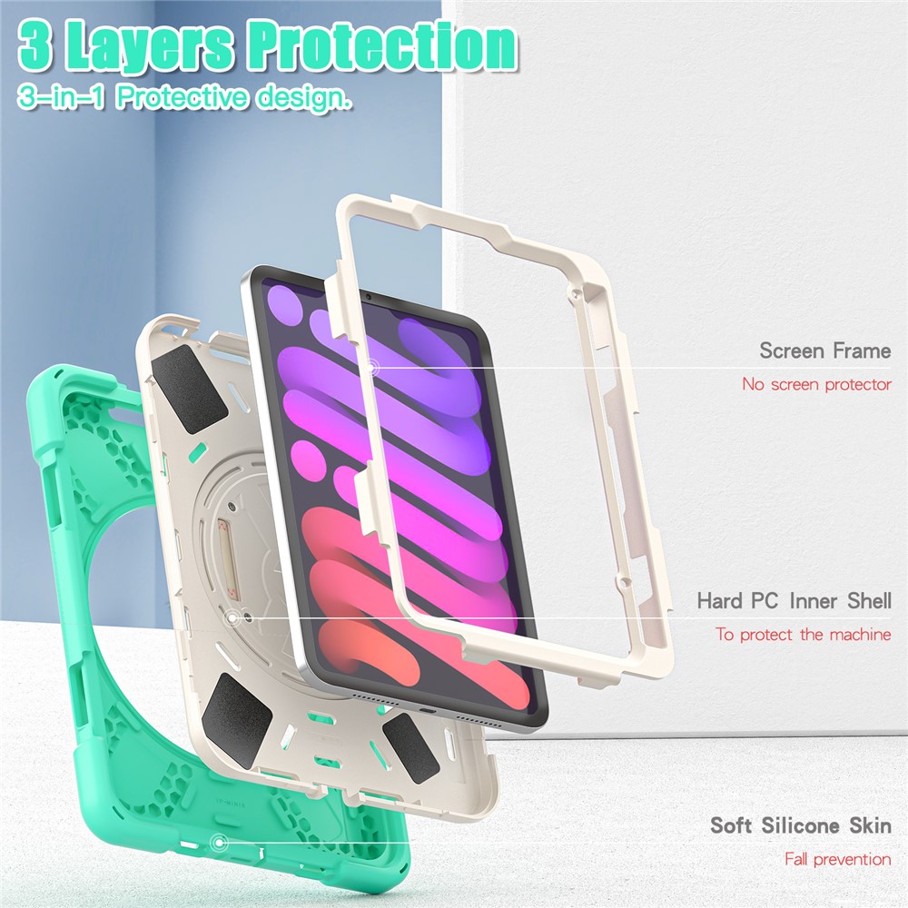 PC + Silicone Hybrid Case Cover Shell with Hand Band 360° Swiveling Kickstand for iPad mini (2021) - Mint Green-5