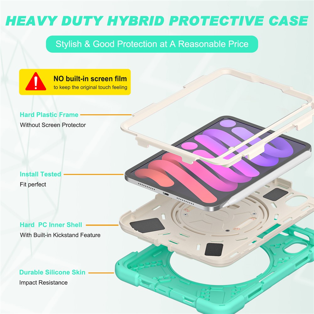PC + Silicone Hybrid Case Cover Shell with Hand Band 360° Swiveling Kickstand for iPad mini (2021) - Mint Green-6