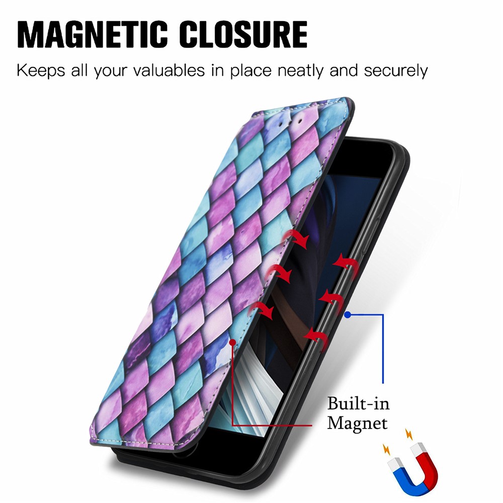 CASENEO 001 Series Colorful Pattern Printing RFID Blocking Technology Auto-absorbed Wallet Leather Phone Case with Stand for iPhone 7/8 4.7 inch/SE (2nd Generation)/SE (2020) - Purple Scale-10