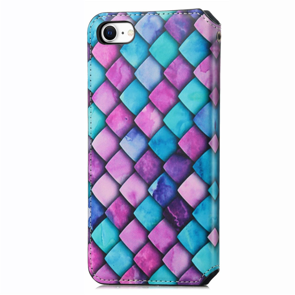 CASENEO 001 Series Colorful Pattern Printing RFID Blocking Technology Auto-absorbed Wallet Leather Phone Case with Stand for iPhone 7/8 4.7 inch/SE (2nd Generation)/SE (2020) - Purple Scale-2