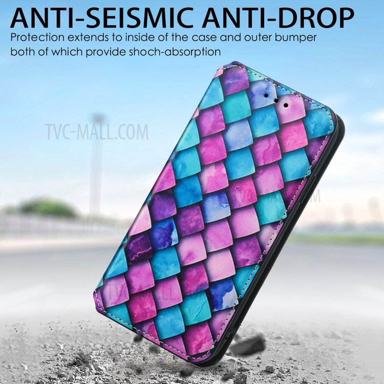 CASENEO 001 Series Colorful Pattern Printing Anti-Shock Auto-absorbed Scratch-resistant Wallet Leather Phone Case with Stand for iPhone 11 Pro Max 6.5 inch - Purple Scale-11
