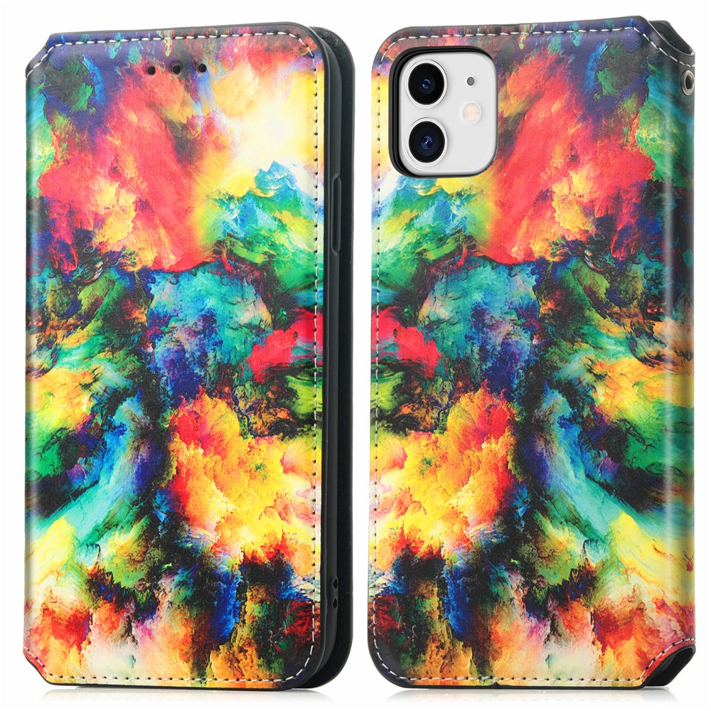 CASENEO 001 Series Strong-Magnet-Absorbed RFID Blocking Function Pattern Printing Leather Wallet Phone Stand Cover Shell for iPhone 11 6.1 inch - Iridescent Cloud-1