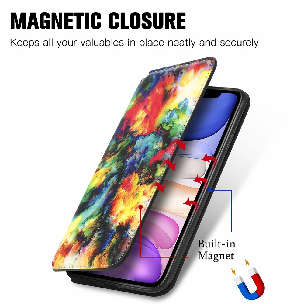 CASENEO 001 Series Strong-Magnet-Absorbed RFID Blocking Function Pattern Printing Leather Wallet Phone Stand Cover Shell for iPhone 11 6.1 inch - Iridescent Cloud-10