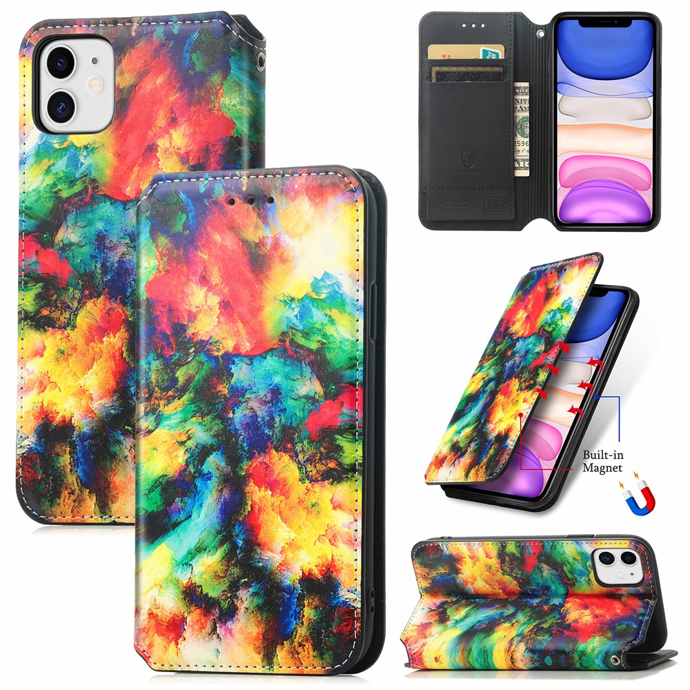 CASENEO 001 Series Strong-Magnet-Absorbed RFID Blocking Function Pattern Printing Leather Wallet Phone Stand Cover Shell for iPhone 11 6.1 inch - Iridescent Cloud-13