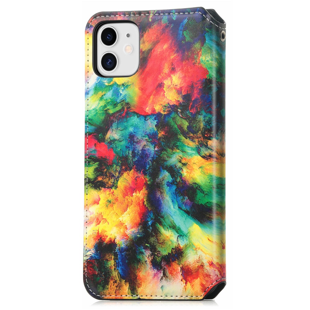 CASENEO 001 Series Strong-Magnet-Absorbed RFID Blocking Function Pattern Printing Leather Wallet Phone Stand Cover Shell for iPhone 11 6.1 inch - Iridescent Cloud-3