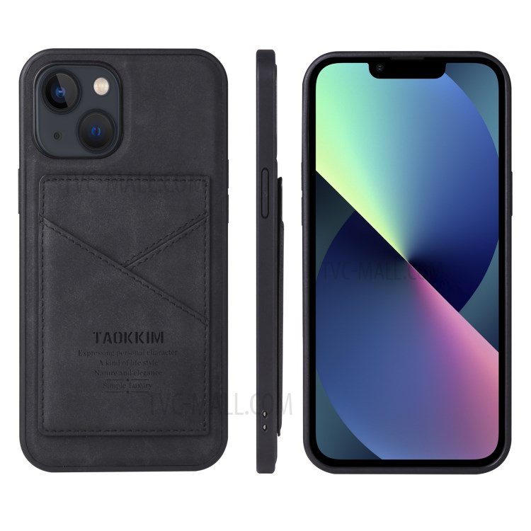 TAOKKIM Retro Style Kickstand and Card Slot Design Flip Phone Case PU Leather and TPU Phone Cover for iPhone 13 6.1 inch - Black-3