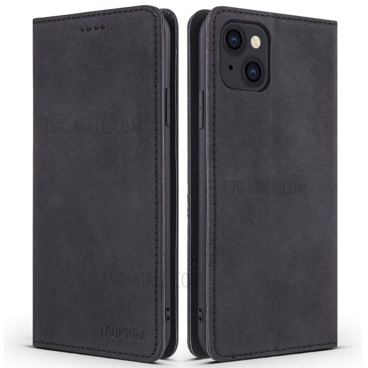 TAOKKIM Flip Phone Case Vintage Style Magnetic Auto-absorbed Leather Phone Cover with Card Slots for iPhone 13 mini 5.4 inch - Black-1