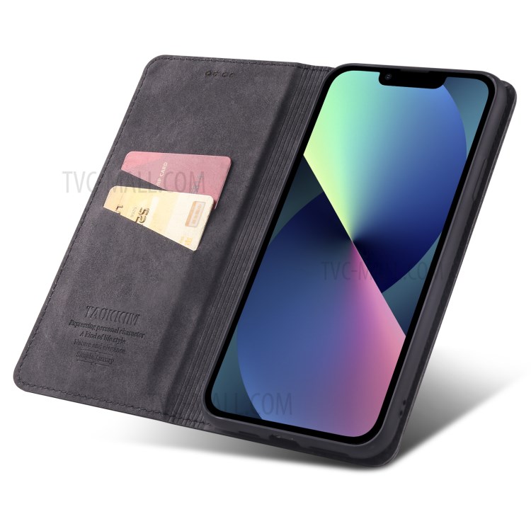 TAOKKIM Flip Phone Case Vintage Style Magnetic Auto-absorbed Leather Phone Cover with Card Slots for iPhone 13 mini 5.4 inch - Black-5