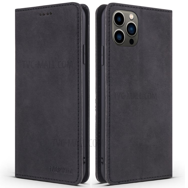 TAOKKIM Vintage Style Magnetic Auto-absorbed Flip Phone Case Leather Phone Cover with Card Slots for iPhone 13 Pro Max 6.7 inch - Black-1