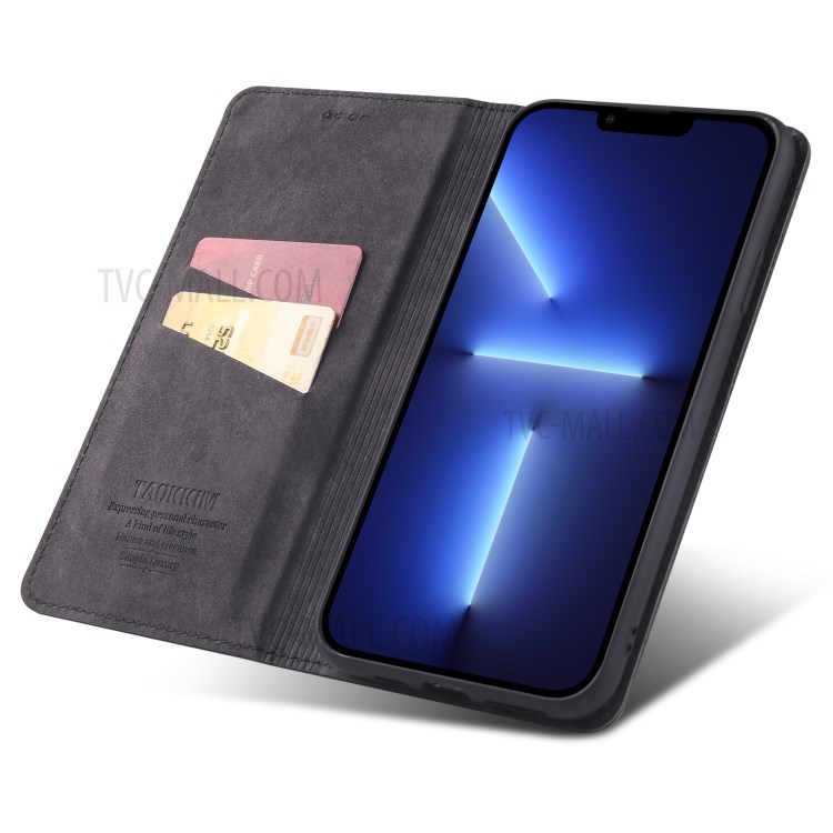 TAOKKIM Vintage Style Magnetic Auto-absorbed Flip Phone Case Leather Phone Cover with Card Slots for iPhone 13 Pro Max 6.7 inch - Black-5