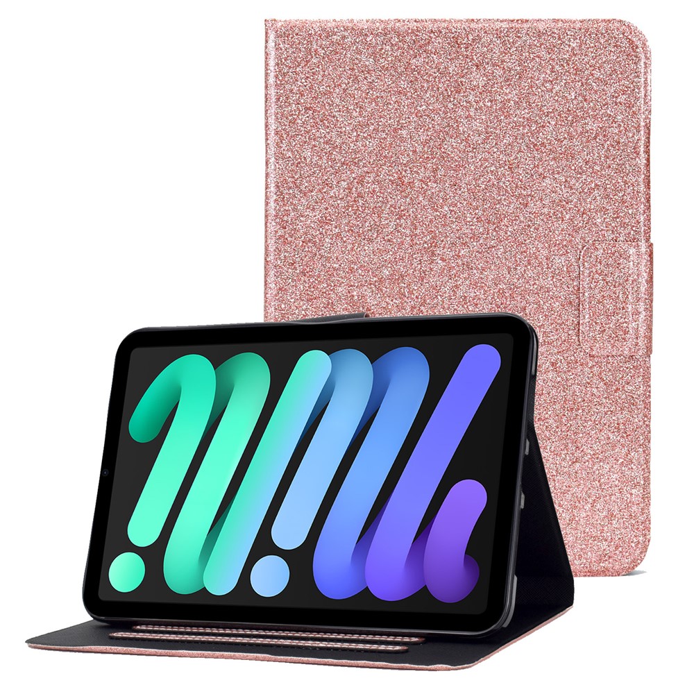 Glittering Powder Design Full Protection Stand PU Leather Cover with Card Slots for iPad mini (2021) - Pink-1