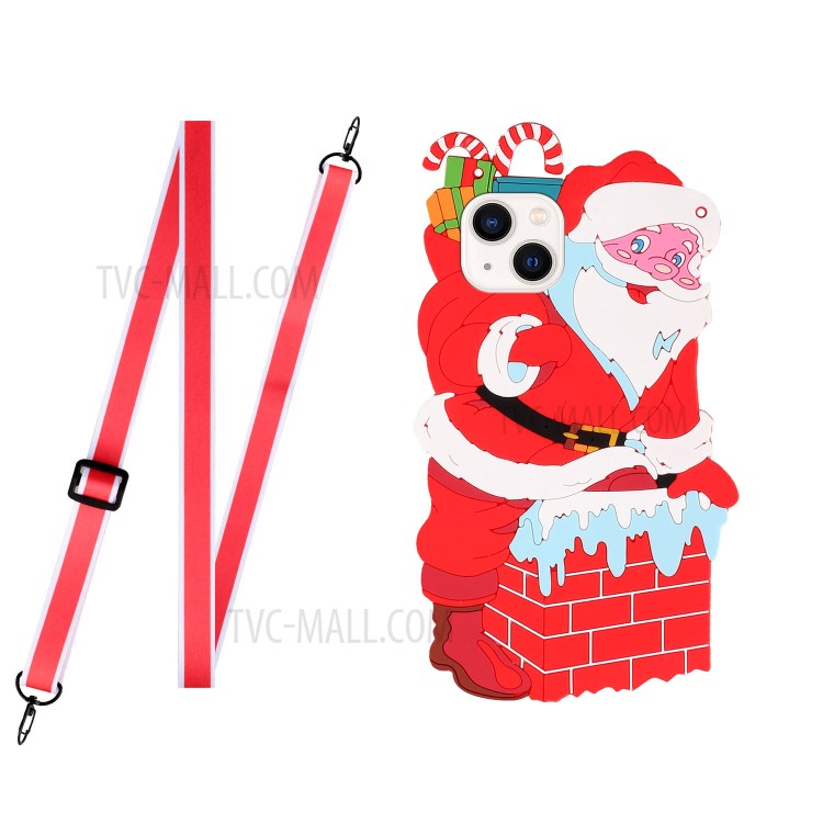 3D Effect Christmas Elements Soft TPU + Silicone Phone Cover Case with Long Lanyard for iPhone 13 6.1 inch - Santa-1