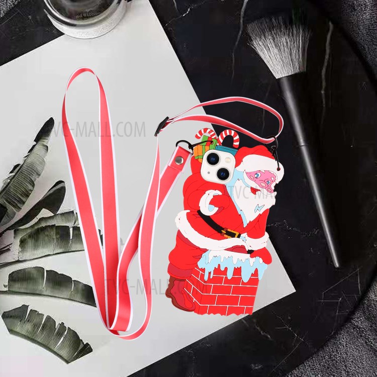 3D Effect Christmas Elements Soft TPU + Silicone Phone Cover Case with Long Lanyard for iPhone 13 6.1 inch - Santa-5