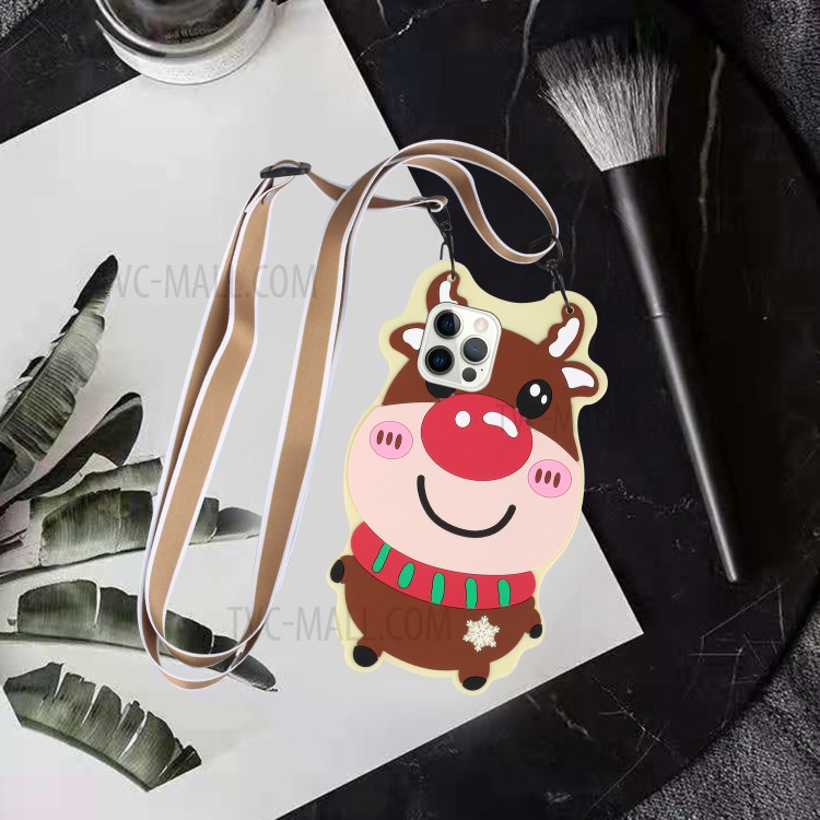 All-Inclusive Special-Shaped 3D Effect Santa/Christmas Reindeer Soft TPU + Silicone Phone Cover Case with Long Lanyard for iPhone 13 Pro 6.1 inch - Christmas Reindeer-4
