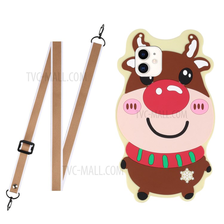 3D Effect Christmas Pattern TPU + Silicone Phone Cover Protective Case with Adjustable Lanyard for iPhone 12 mini 5.4 inch - Christmas Reindeer-1