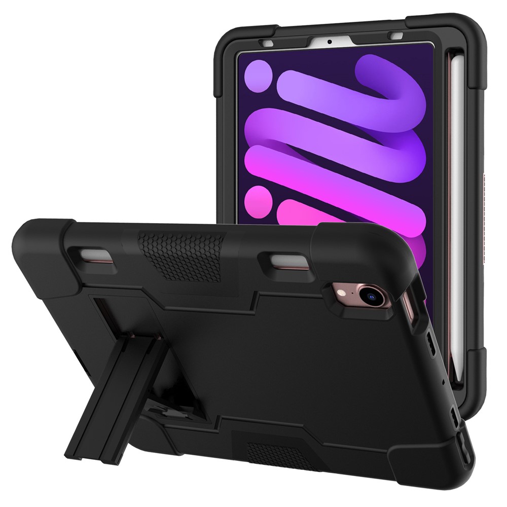 Contrast Color PC + TPU + Silicone Shockproof Tablet Case Cover with Kickstand for iPad mini (2021) - Black/Black-1