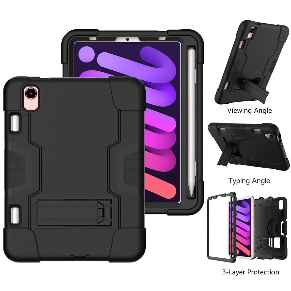 Contrast Color PC + TPU + Silicone Shockproof Tablet Case Cover with Kickstand for iPad mini (2021) - Black/Black-3