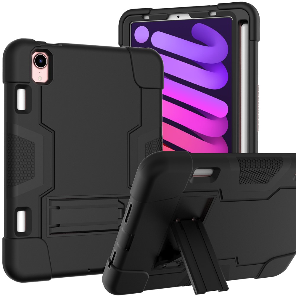 Contrast Color PC + TPU + Silicone Shockproof Tablet Case Cover with Kickstand for iPad mini (2021) - Black/Black-6