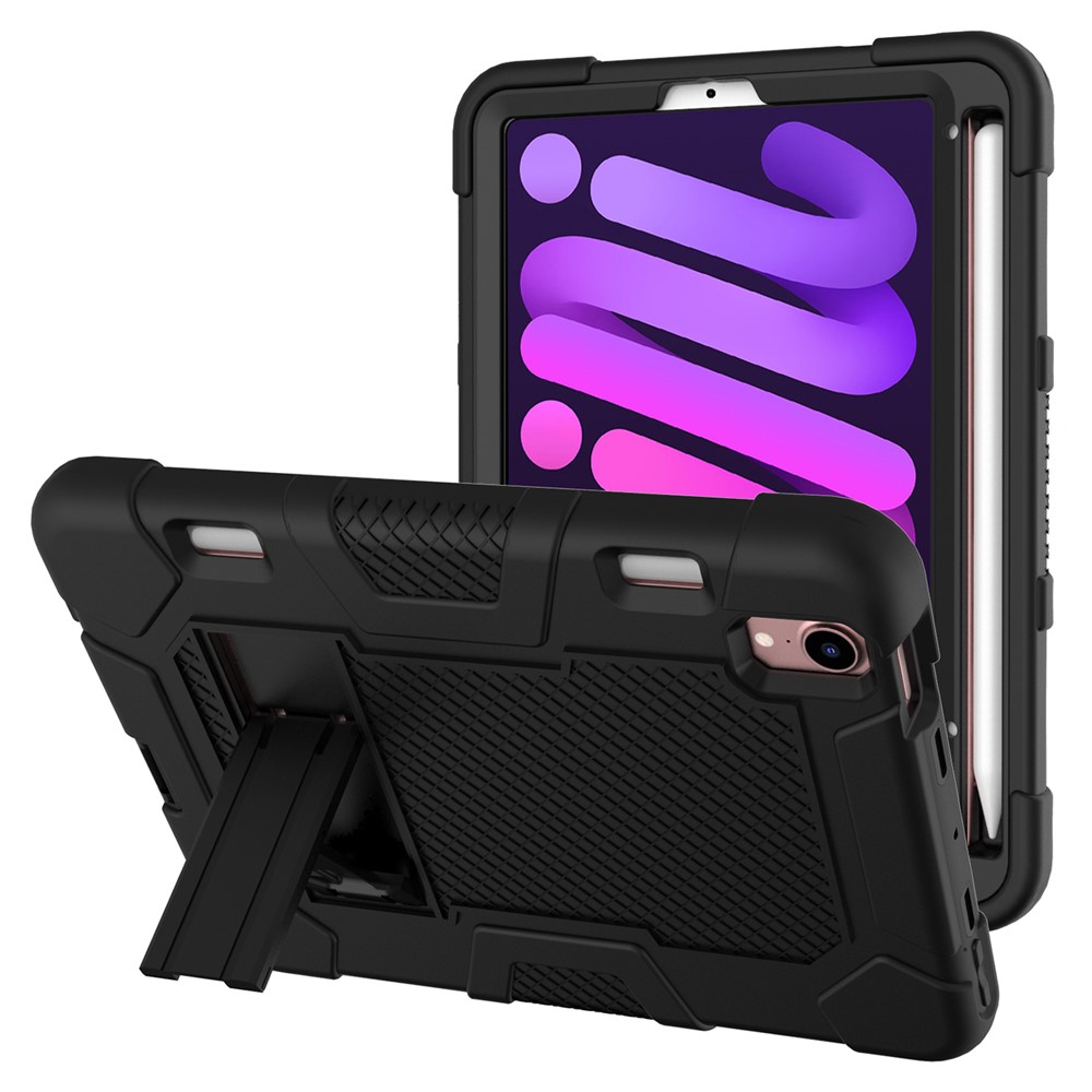 PC + TPU + Silicone Contrast Color Kickstand Tablet Case Shell for iPad mini (2021) - Black/Black-1