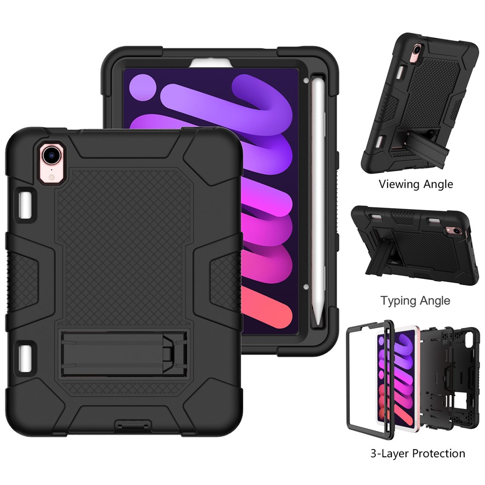 PC + TPU + Silicone Contrast Color Kickstand Tablet Case Shell for iPad mini (2021) - Black/Black-3