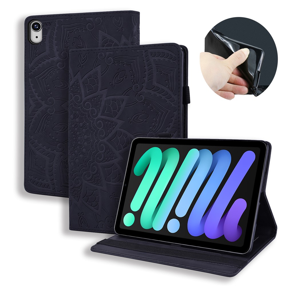 Flower Pattern Imprinting Leather Tablet Stand Cover with Card Slots for iPad mini (2021)/mini 6 - Black-1