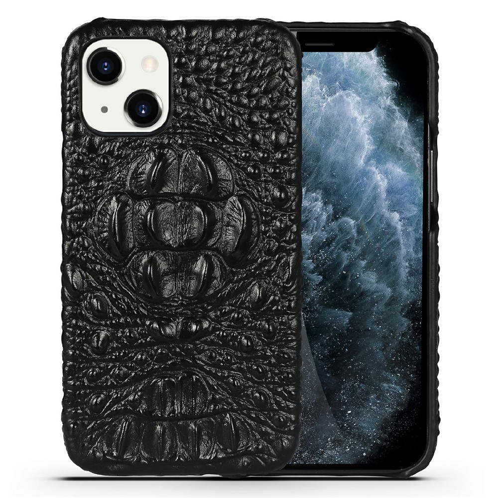 Crocodile Head Texture Genuine Leather Coated Hard PC Slim Anti-Slip Protective Back Cover for iPhone 13 mini 5.4 inch - Black-1