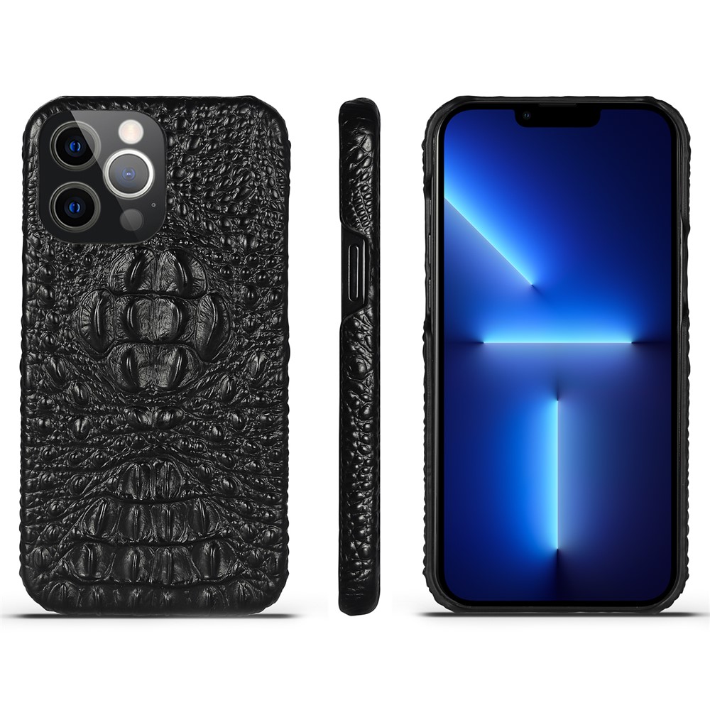 Stylish Phone Case Crocodile Head Texture Design Genuine Leather Coated PC Phone Cover for iPhone 13 Pro 6.1 inch - Black-1