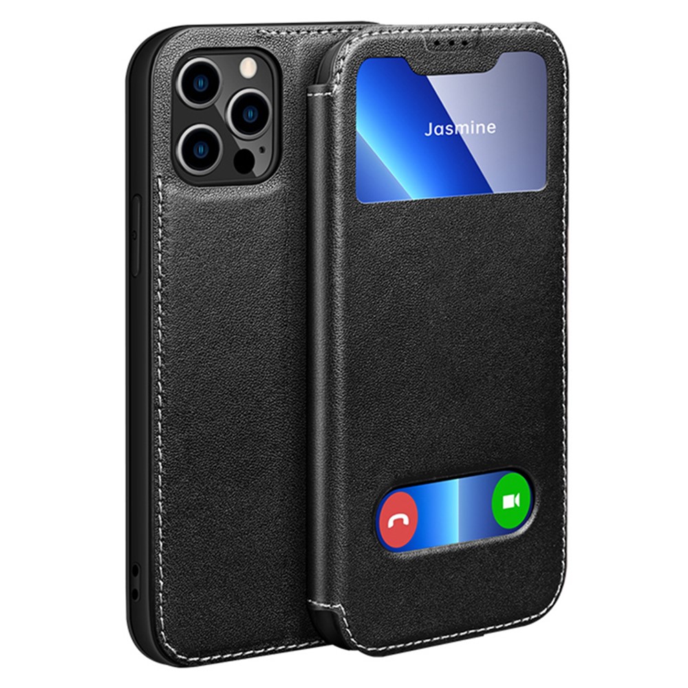 Touchable View Window Design Genuine Leather Stand Phone Case Cover for iPhone 13 Pro Max 6.7 inch - Black-1