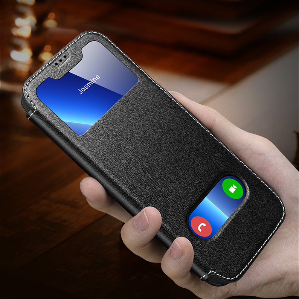 Touchable View Window Design Genuine Leather Stand Phone Case Cover for iPhone 13 Pro Max 6.7 inch - Black-2