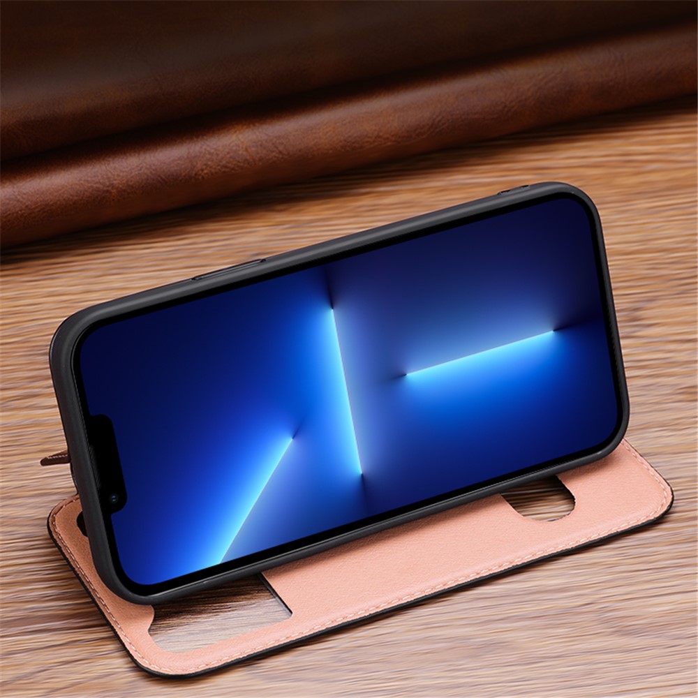 Touchable View Window Design Genuine Leather Stand Phone Case Cover for iPhone 13 Pro Max 6.7 inch - Black-3