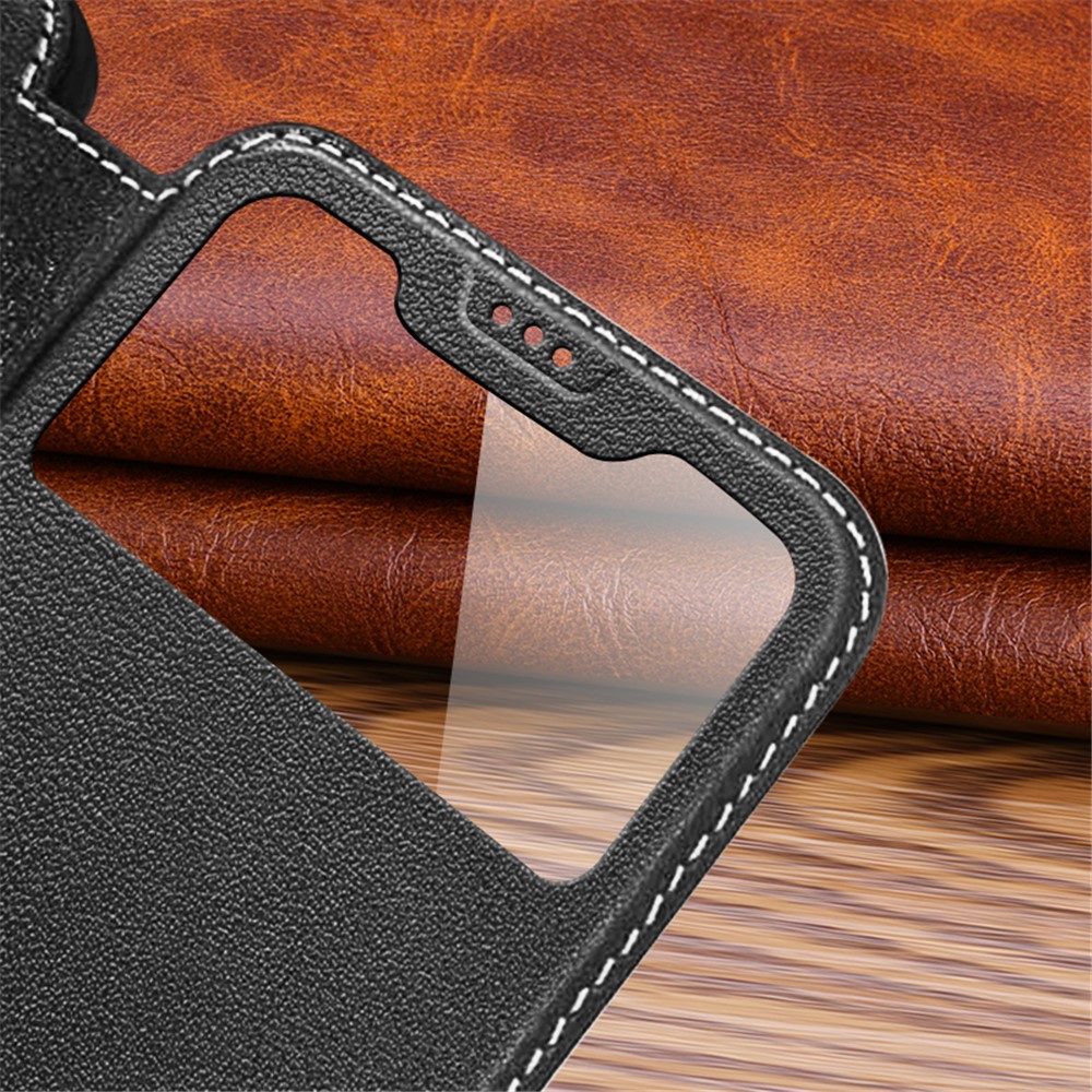Touchable View Window Design Genuine Leather Stand Phone Case Cover for iPhone 13 Pro Max 6.7 inch - Black-4