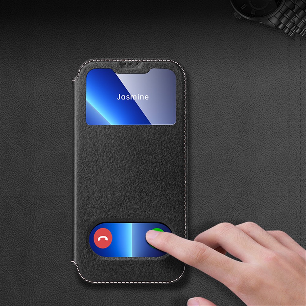 Touchable View Window Design Genuine Leather Stand Phone Case Cover for iPhone 13 Pro Max 6.7 inch - Black-5