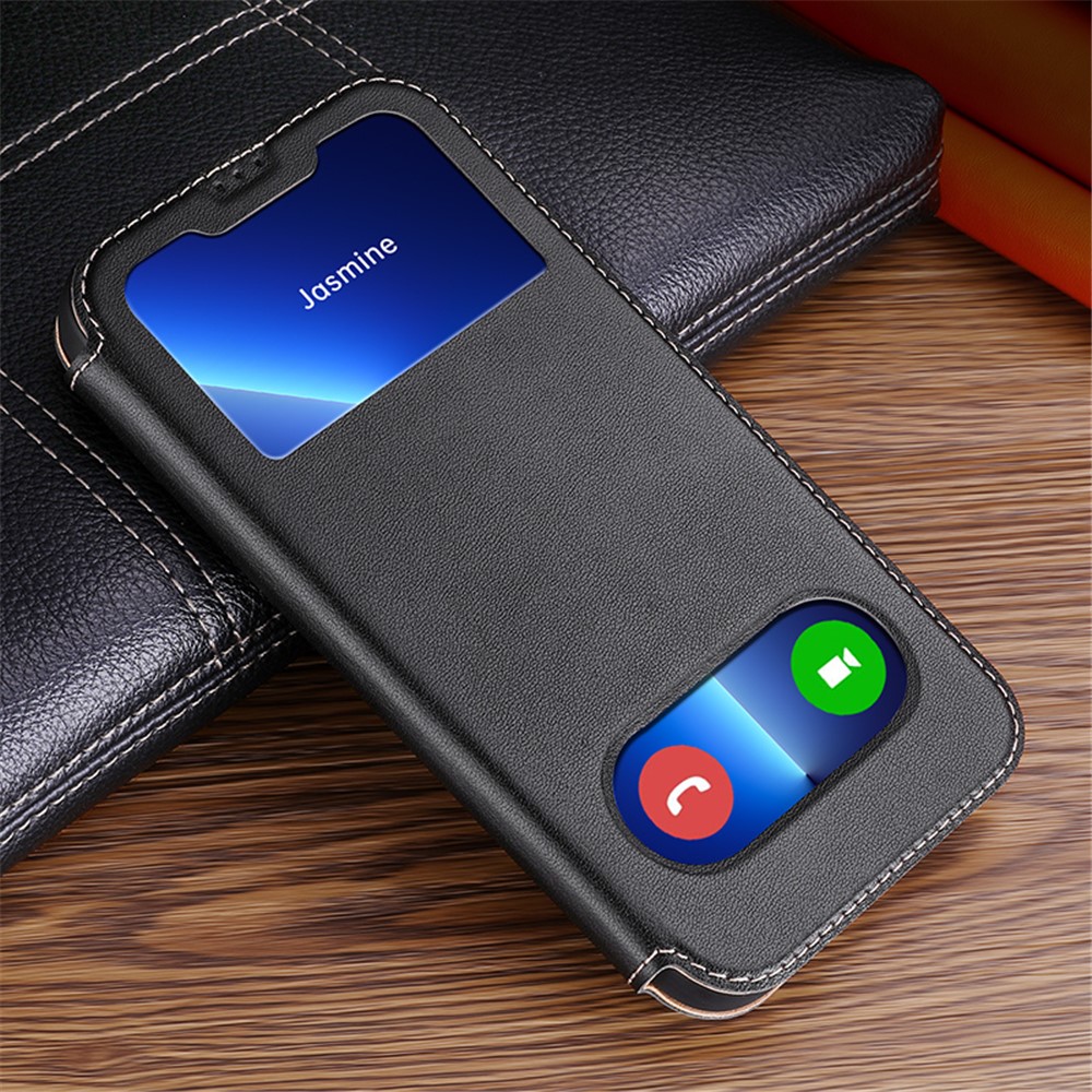 Touchable View Window Design Genuine Leather Stand Phone Case Cover for iPhone 13 Pro Max 6.7 inch - Black-6