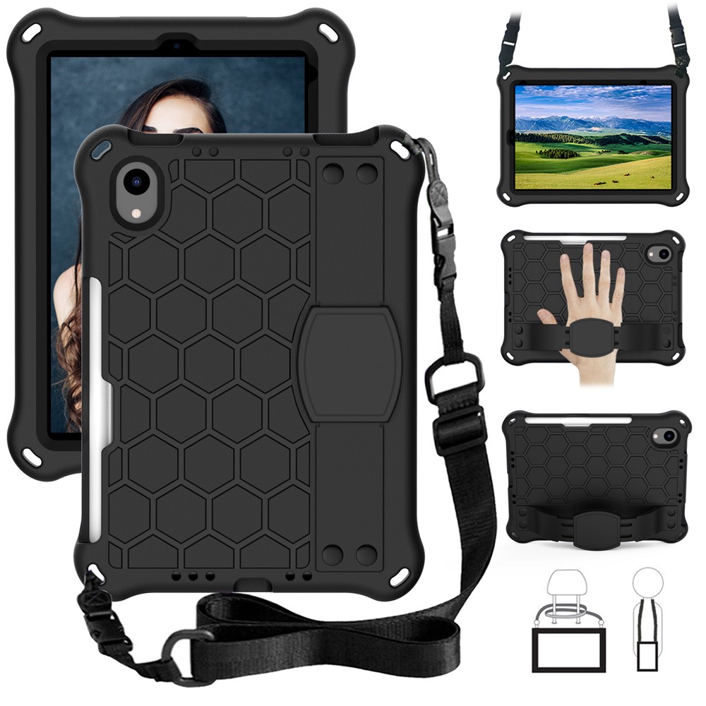 Honeycomb Texture EVA Tablet Shell with Shoulder Strap for iPad mini (2021) - All Black-1