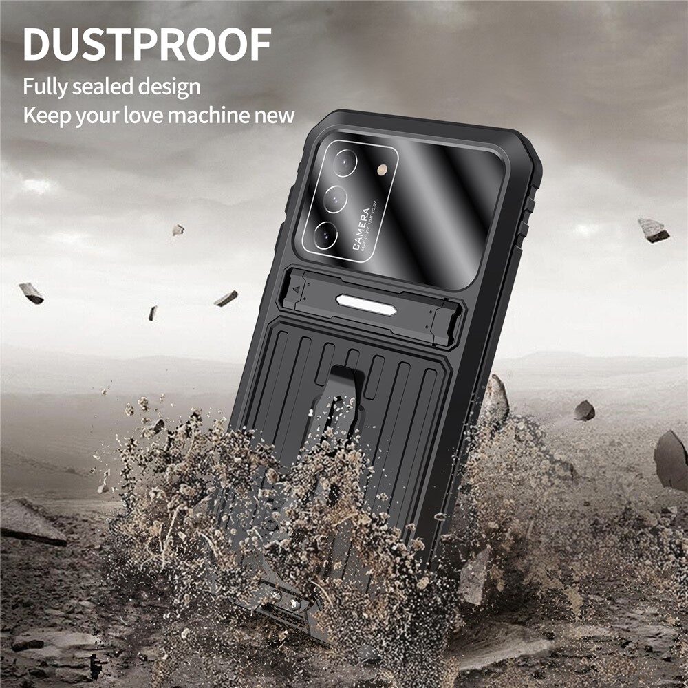 Anti-Fall Dustproof Shockproof TPU+Metal Hybrid Case Kickstand Shell with Tempered Glass Film and Strap for Samsung Galaxy S21 FE 5G/S21 Fan Edition - Black-4