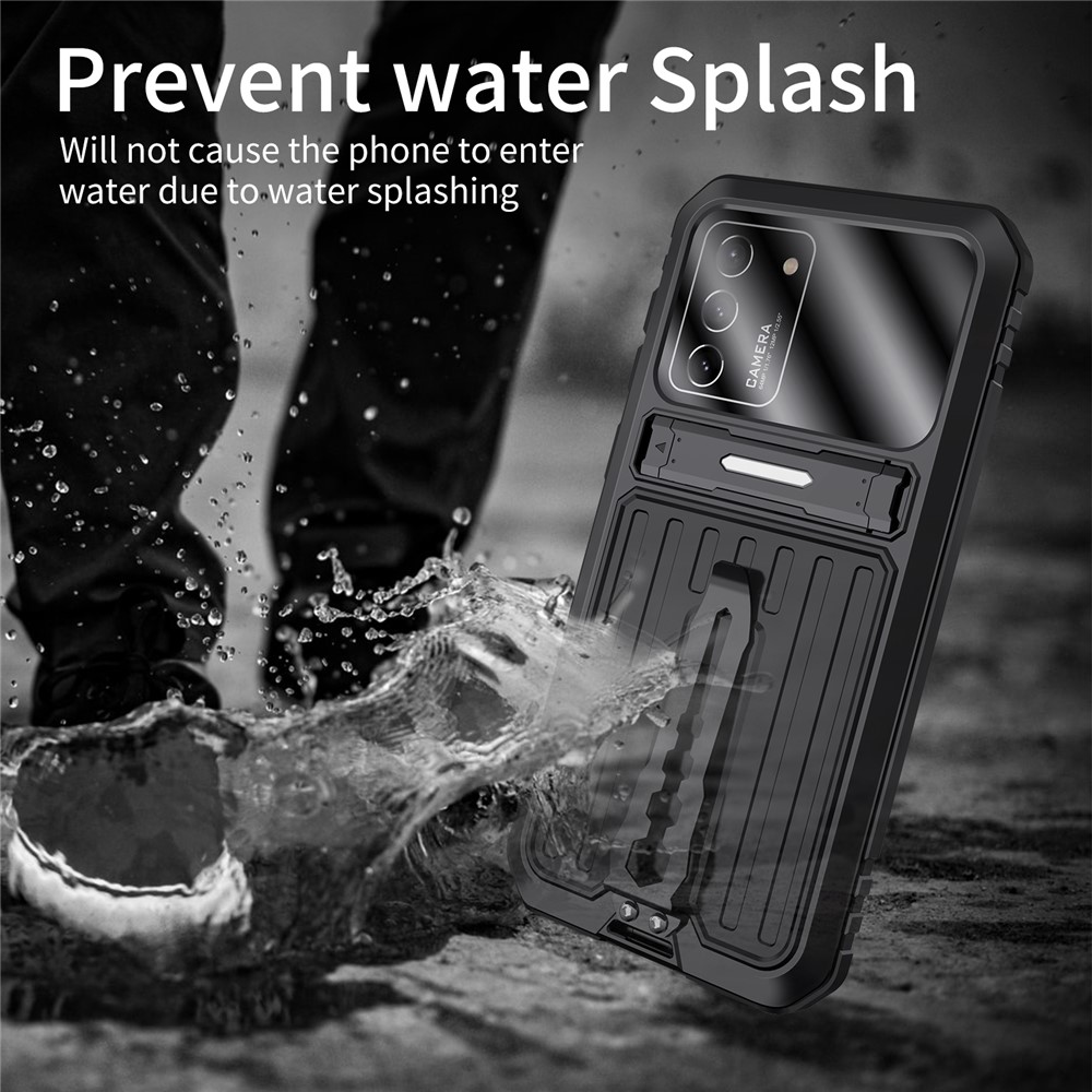 Anti-Fall Dustproof Shockproof TPU+Metal Hybrid Case Kickstand Shell with Tempered Glass Film and Strap for Samsung Galaxy S21 FE 5G/S21 Fan Edition - Black-5