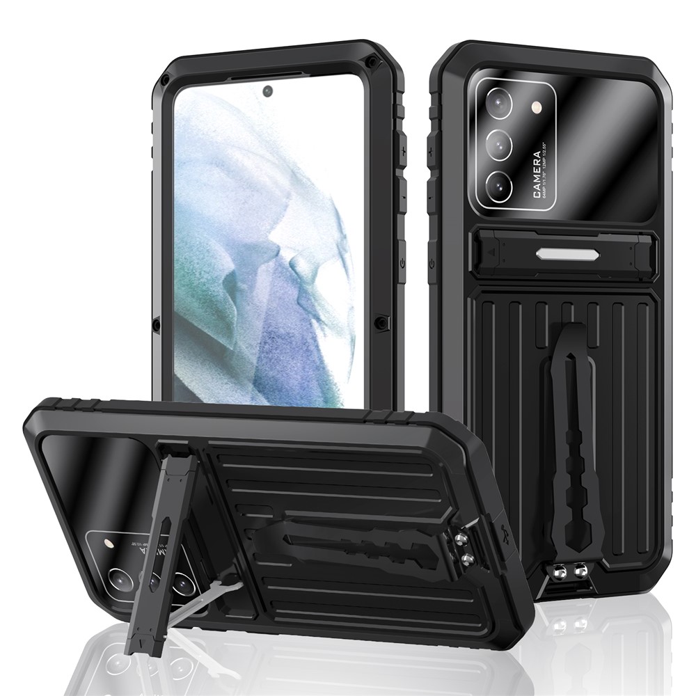 Anti-Fall Full Protection TPU+Metal Hybrid Case Kickstand Shell with Tempered Glass Film and Strap for Samsung Galaxy S21+ 5G - Black-1