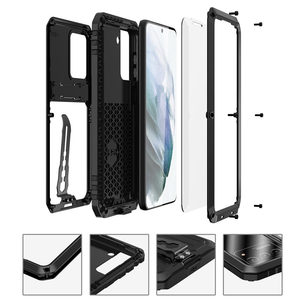 Proteção Completa Anti-queda Tpu+ Case de Kickstand Híbrida de Metal Com Filme de Vidro Temperado e Cinta Para Samsung Galaxy S21+ 5G - Preto