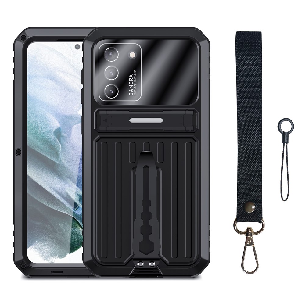 Anti-Fall Full Protection TPU+Metal Hybrid Case Kickstand Shell with Tempered Glass Film and Strap for Samsung Galaxy S21+ 5G - Black-7