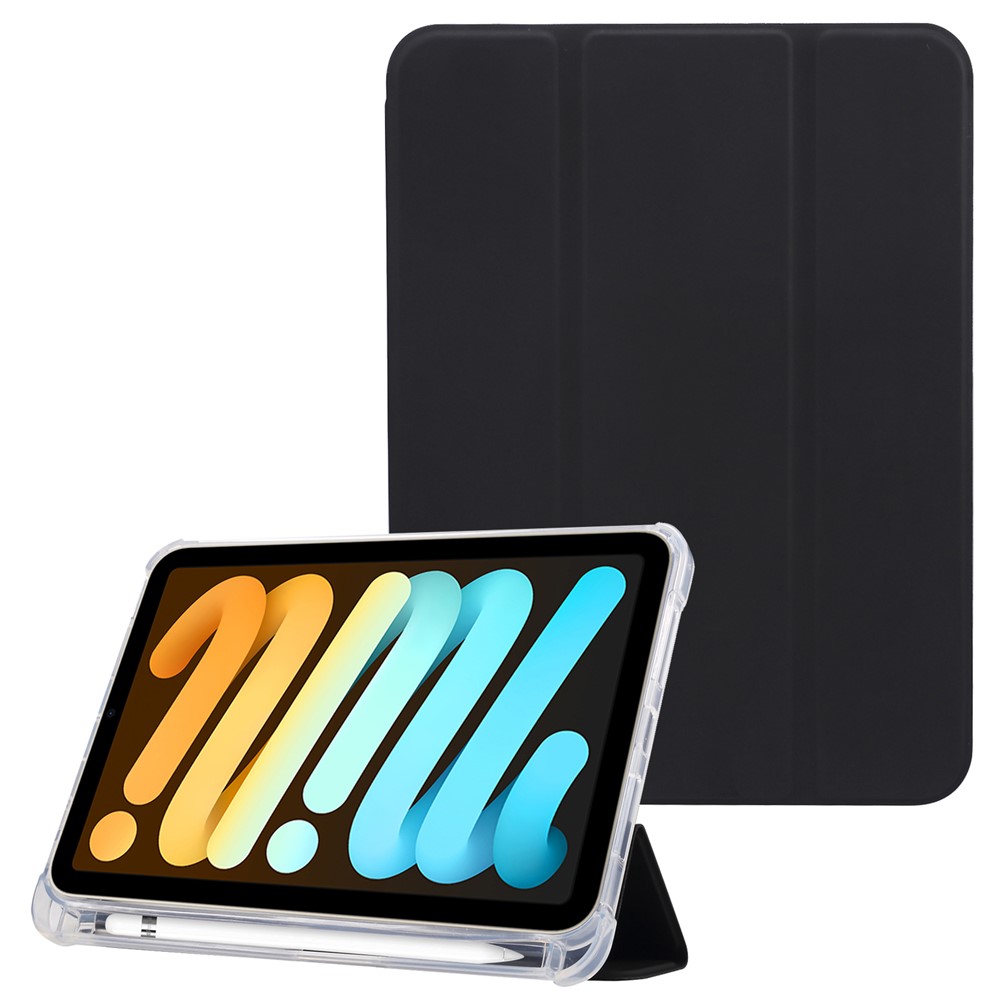 Toque Da Pele Sentimento Tri-fold Stand PU Couro Tablet Protetora Caso Shell Com Caneta Slot Para Ipad Mini (2021) - Preto