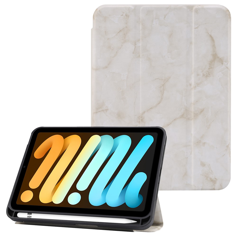 Marble Pattern Tri-fold Stand Smart Tablet Leather Case with Pen Slot for iPad mini (2021) - Beige-1