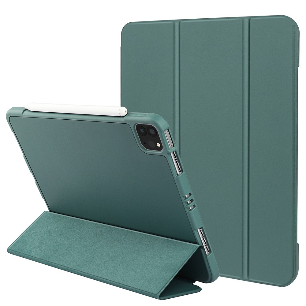 Tri-fold Soft Silicone + TPU Stand Smart Auto Sleep/Wake Cover with Pencil Holder for iPad Pro 11-inch (2021) / (2020) / (2018) - Dark Green-1